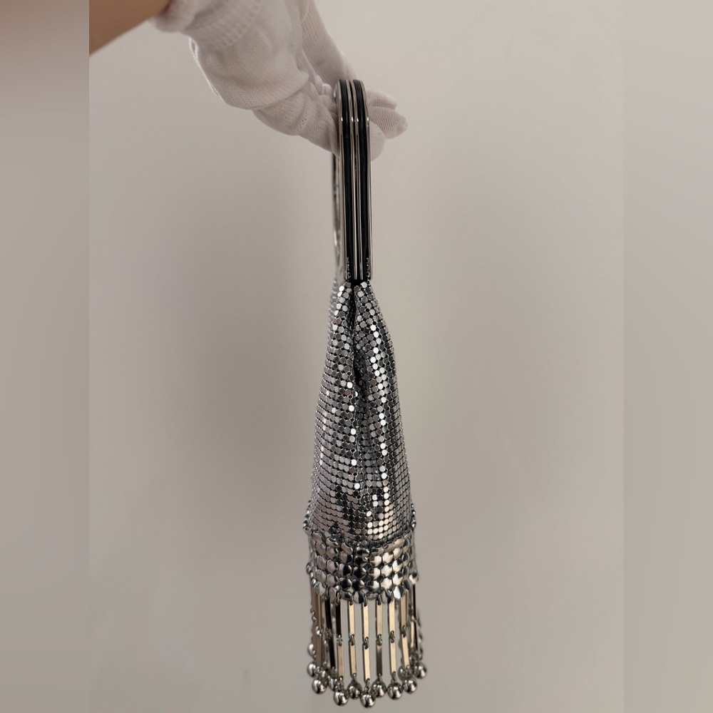 Paco Rabanne Metallic Silver Chainmail Bag with Gold Fringe - Picture 6 of 16